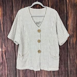 Focus Waffle Weave Button Front Top Womens Size XL Ivory Lagenlook Pockets